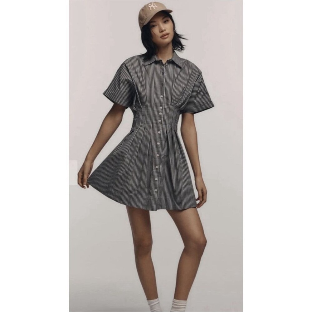 EXQUISE By Anthropologie The Tobie Mini Shirt Dress Charcoal Stripe Size Medium